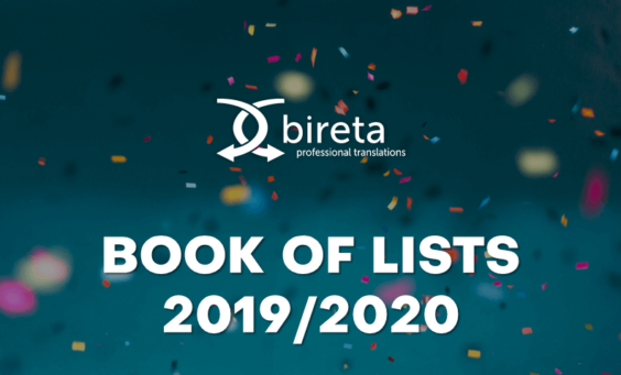 Logo Bireta Professional Translations i Book of Lists na tle confetti