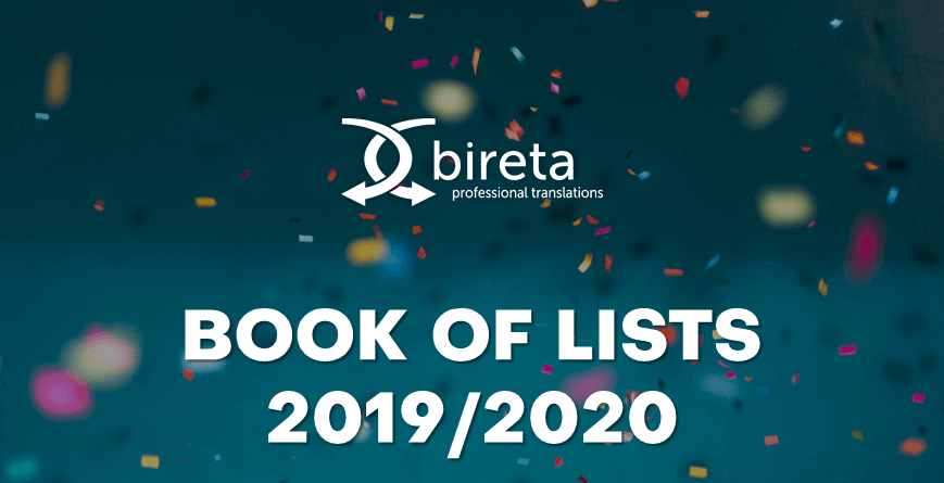 Logo Bireta Professional Translations i Book of Lists na tle confetti