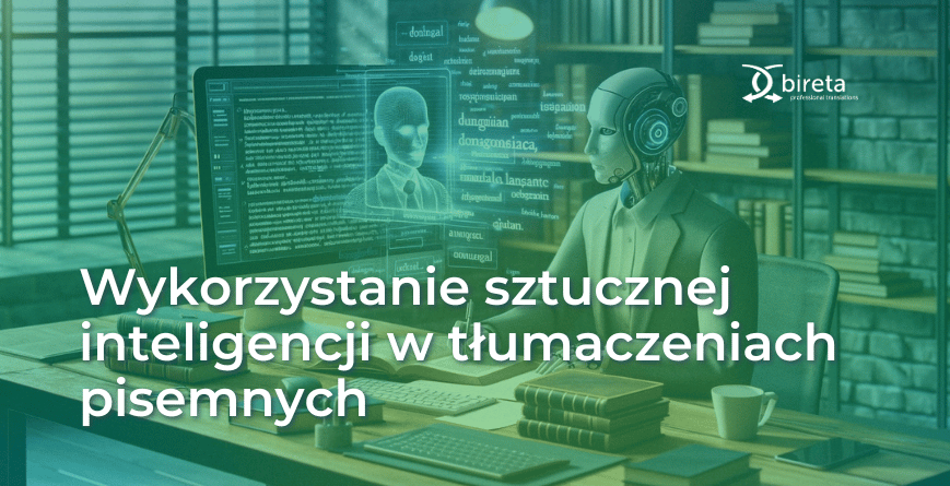 Wykorzystanie AI do tłumaczenia tekstu - napis na tle obrazka z robotem tłumaczącym tekst przy komputerze